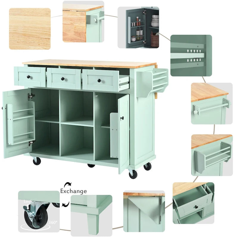 Kitchen Cart with Rubber wood Drop-Leaf Countertop ,Kitchen Island on 5 Wheels with Storage Cabinet and 3 Drawers