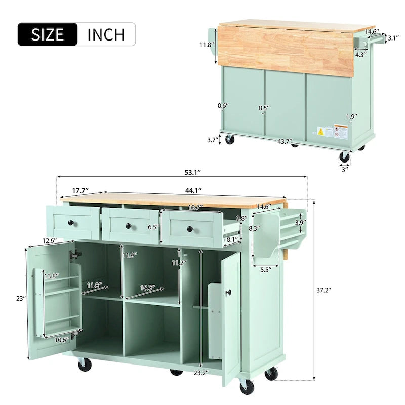 Kitchen Cart with Rubber wood Drop-Leaf Countertop ,Kitchen Island on 5 Wheels with Storage Cabinet and 3 Drawers
