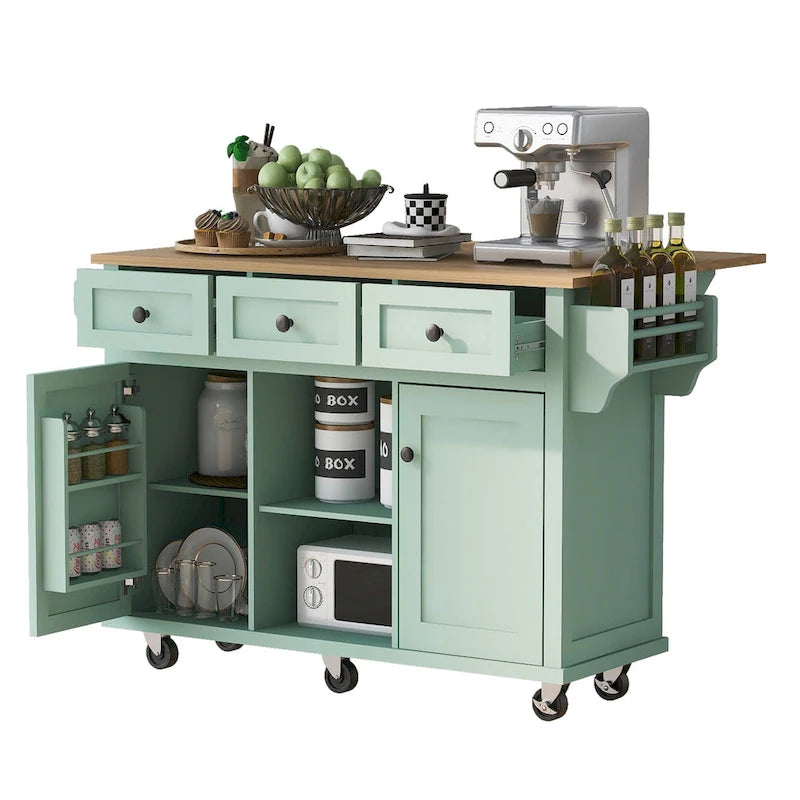 Kitchen Cart with Rubber wood Drop-Leaf Countertop ,Kitchen Island on 5 Wheels with Storage Cabinet and 3 Drawers