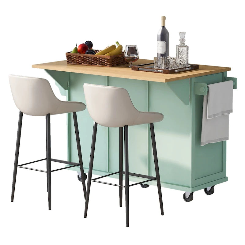 Kitchen Cart with Rubber wood Drop-Leaf Countertop ,Kitchen Island on 5 Wheels with Storage Cabinet and 3 Drawers