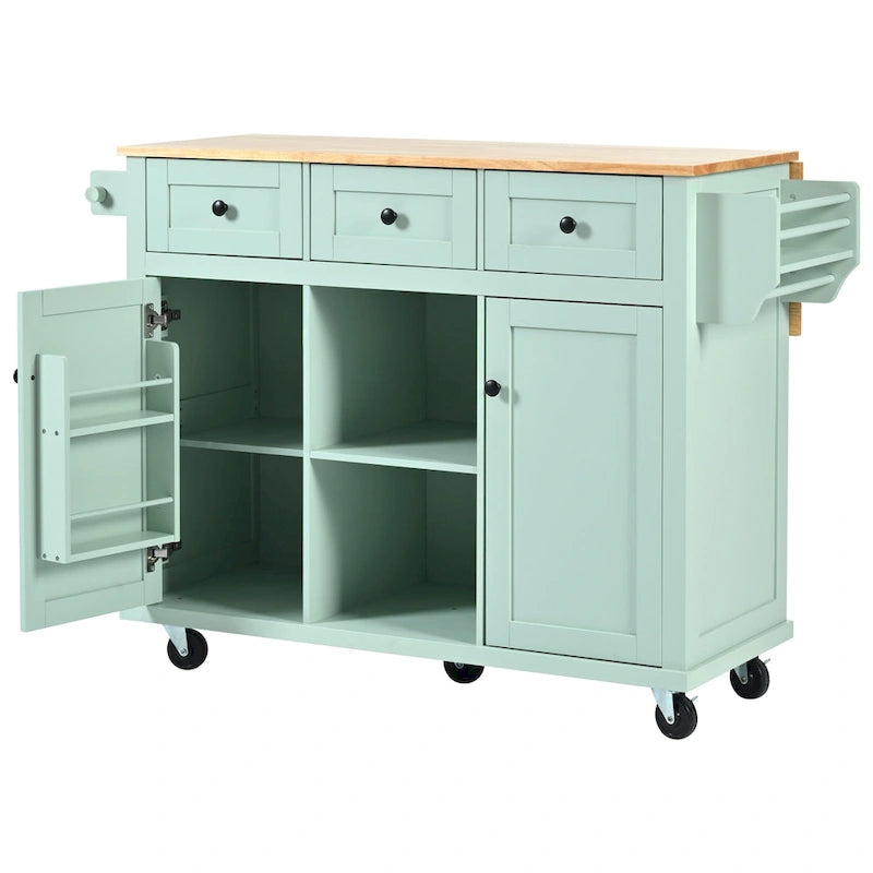 Kitchen Cart with Rubber wood Drop-Leaf Countertop ,Kitchen Island on 5 Wheels with Storage Cabinet and 3 Drawers