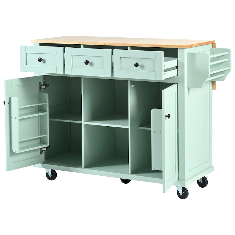 Kitchen Cart with Rubber wood Drop-Leaf Countertop ,Kitchen Island on 5 Wheels with Storage Cabinet and 3 Drawers